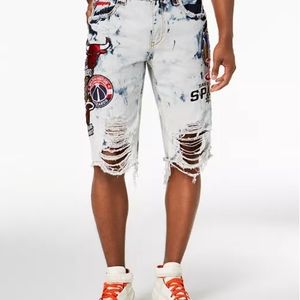 UNK Heritage American Men's NBA Patch Denim Shorts SZ 40